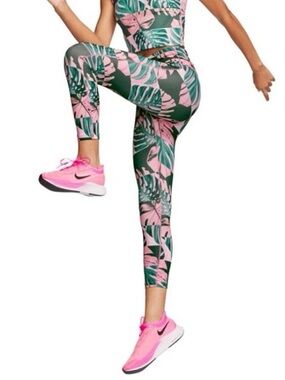 Nike Dri-FIT Leaf-Print Leggings in Pink & Dark Green